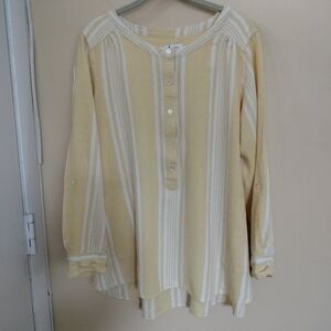 Denim & Company Yellow White Linen Blend Popover Tunic Top Pockets 1X Vacation